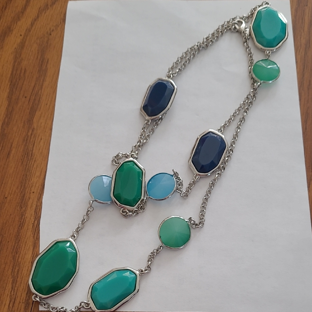 Premier Designs Silver Necklace Green Blue/Stones